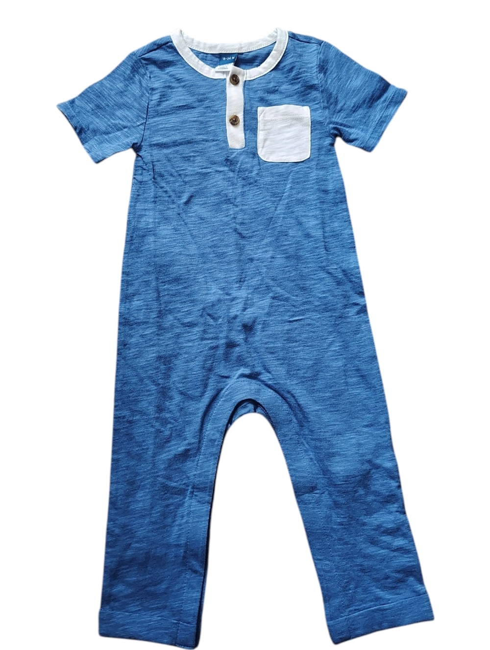 Old Navy 100% Cotton Blue Short-Sleeve Henley Jumpsuit with White Pocket